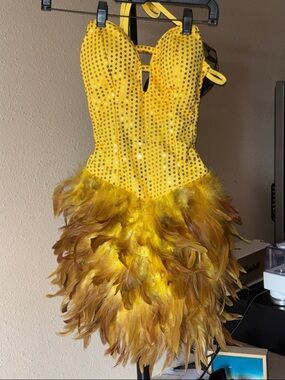 Yellow Feathered Sequin Party Dress